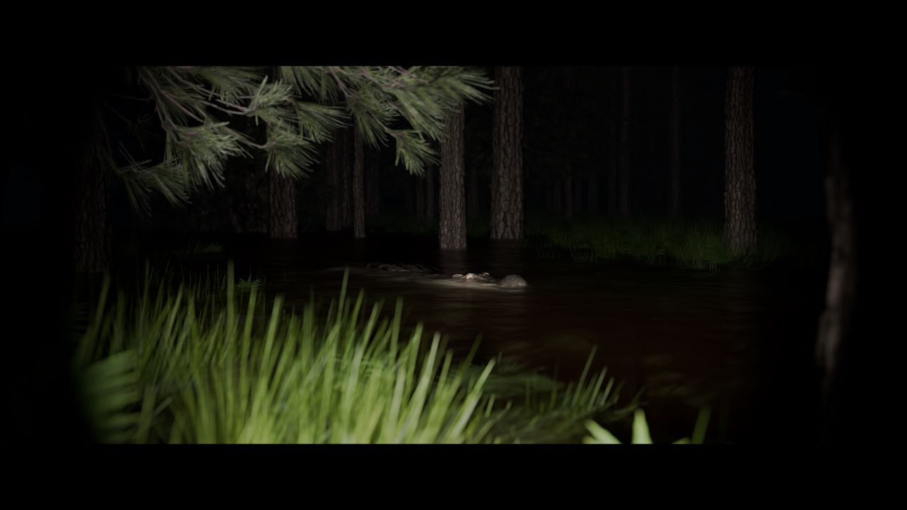 Night-time render of an American crocodile swimming in a swamp