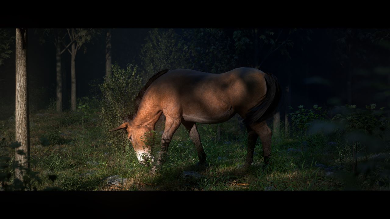 Realistic 3D render of a mule eating in a forest